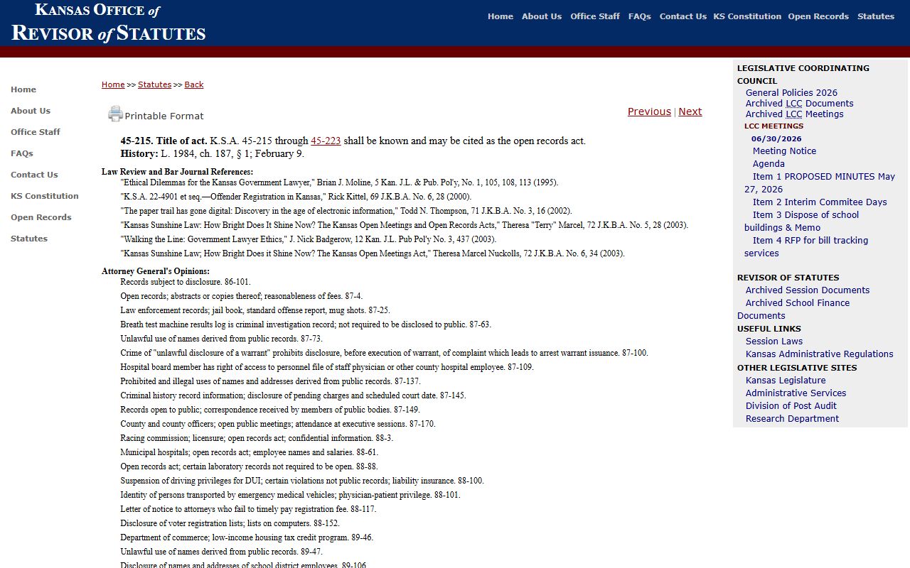 Ford County Clerk of the District Court Kansas open records policy statute