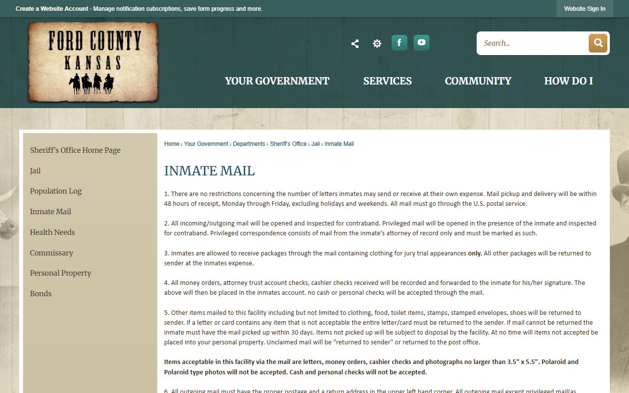 Ford County inmate records mail rules page