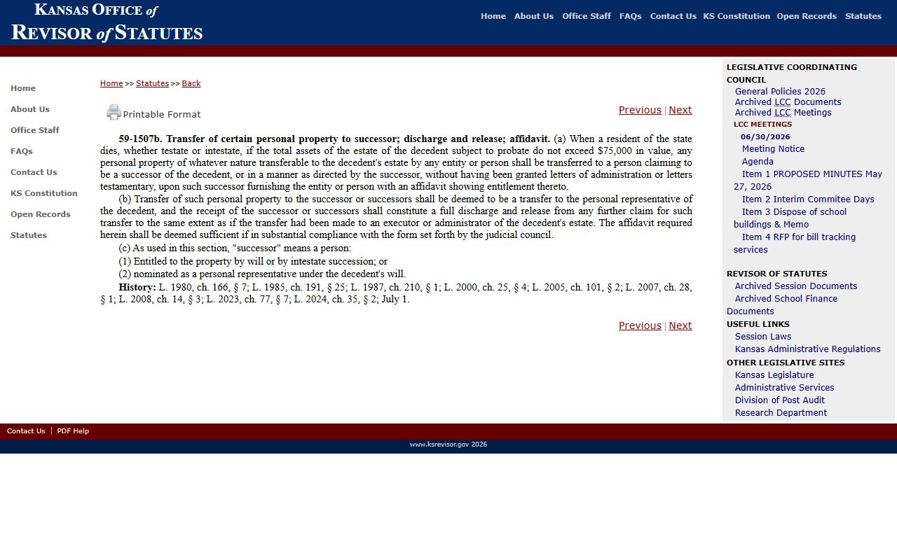 Ford County probate records Kansas small estate affidavit statute